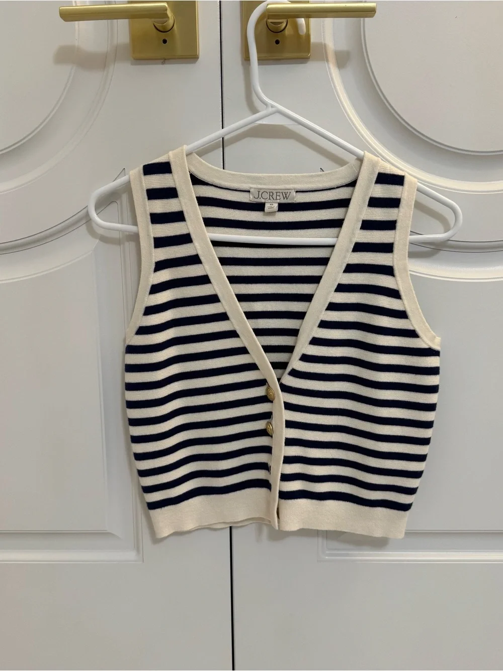 J. Crew Navy and Cream Striped Knit Button-Front Vest